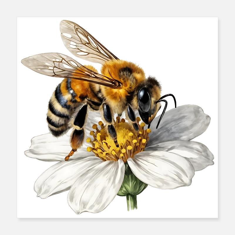 Abeille sur fleur blanche Poster 40 x 40 cm