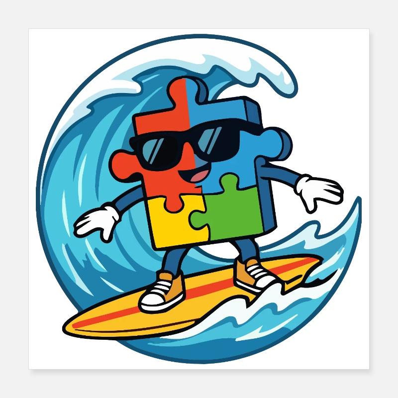 Cool Surfing Puzzle Piece Mascot Summer Beach Art Poster 16" x 16" (40x40 cm)