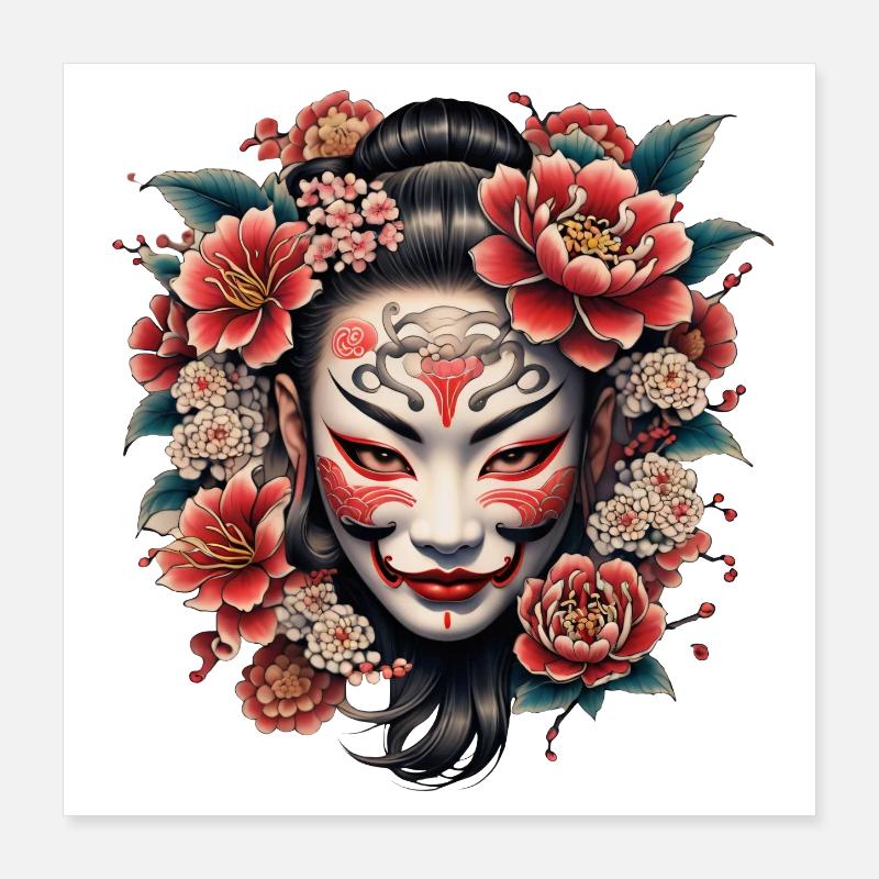 Masque japonais décoré de fleurs. Poster 40 x 40 cm