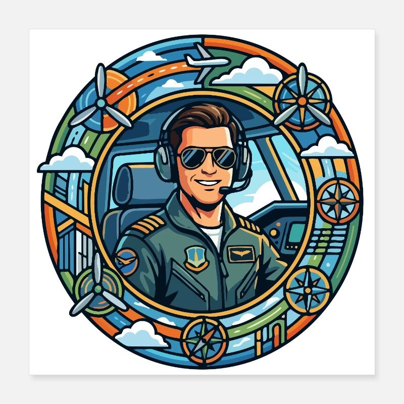 Comic-Pilot im Cockpit Rundflug Poster 40x40 cm