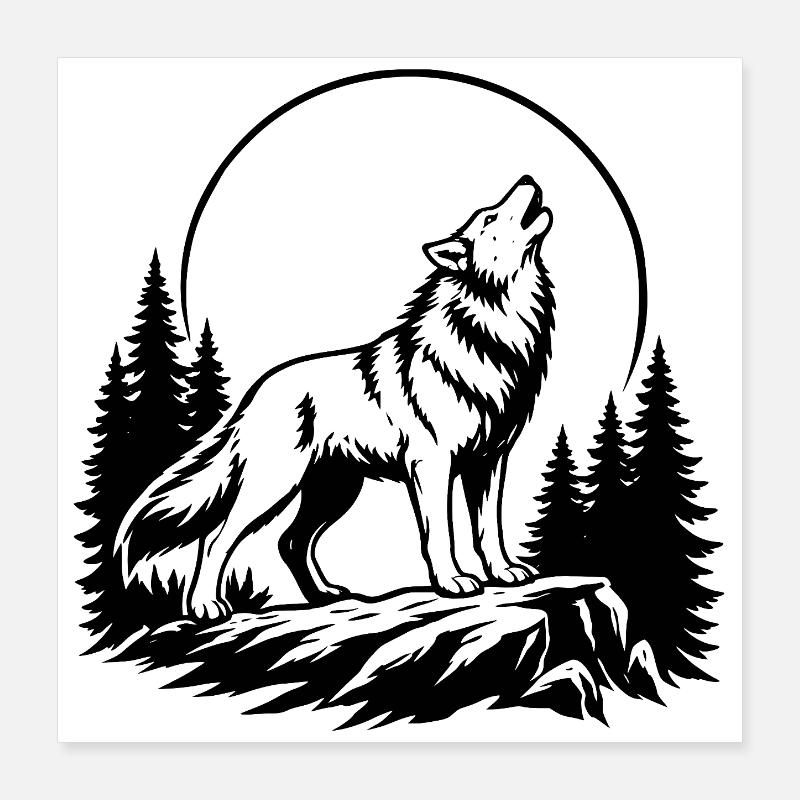Wolf with Full Moon Poster 16" x 16" (40x40 cm)