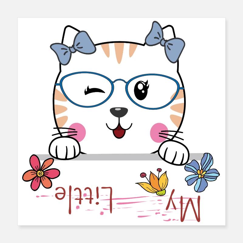 Katze mit Brille und Blumen Poster 40x40 cm