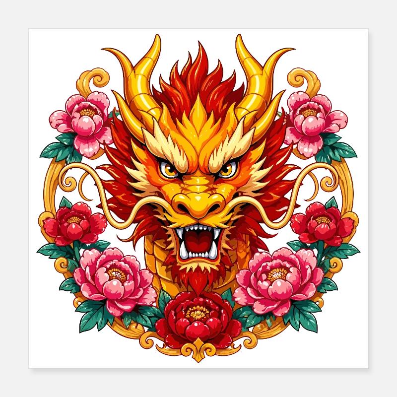 Dragon head in a fire floral frame Poster 16" x 16" (40x40 cm)
