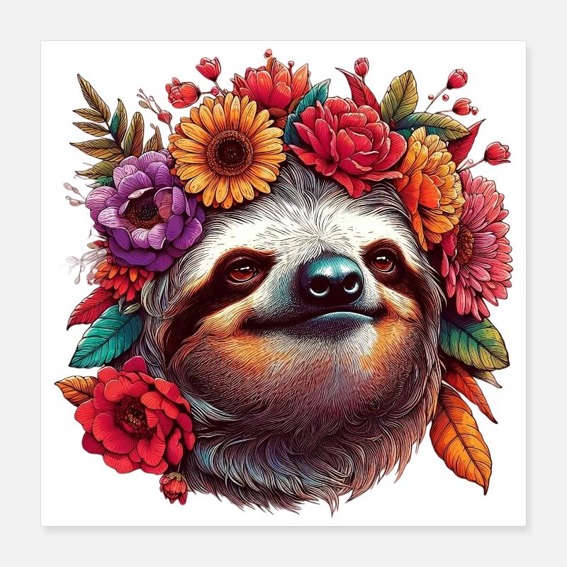 Faultier mit Blumen Poster 40x40 cm