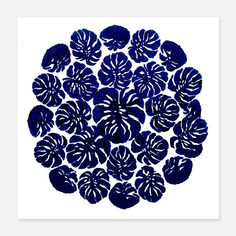 Monstera Circle Design – Dark Blue Plant Pattern Poster 16" x 16" (40x40 cm)
