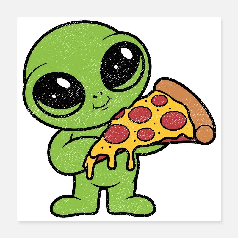 Extraterrestre mignon avec une part de pizza Fan de pizza Poster 40 x 40 cm