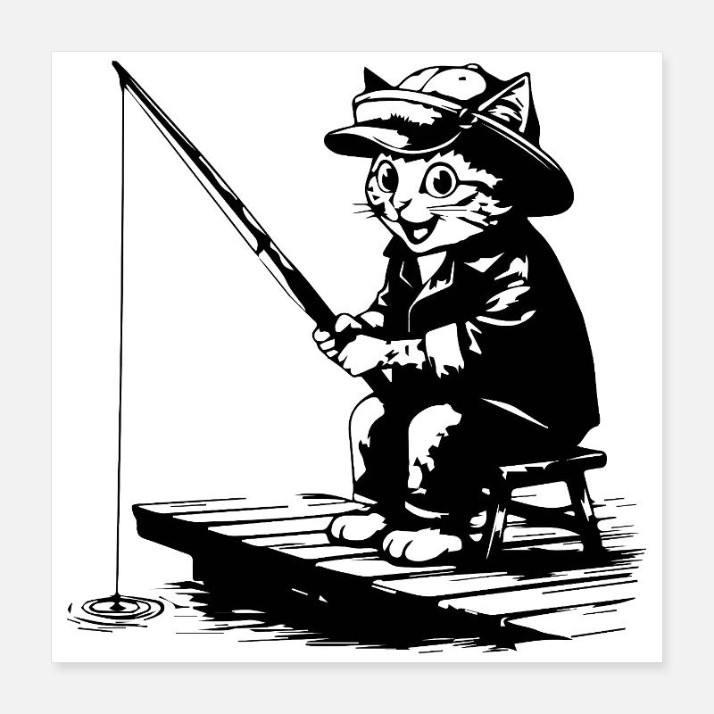 Chat Pêcheur Rigolo - Design Chat qui Pêche Poster 40 x 40 cm