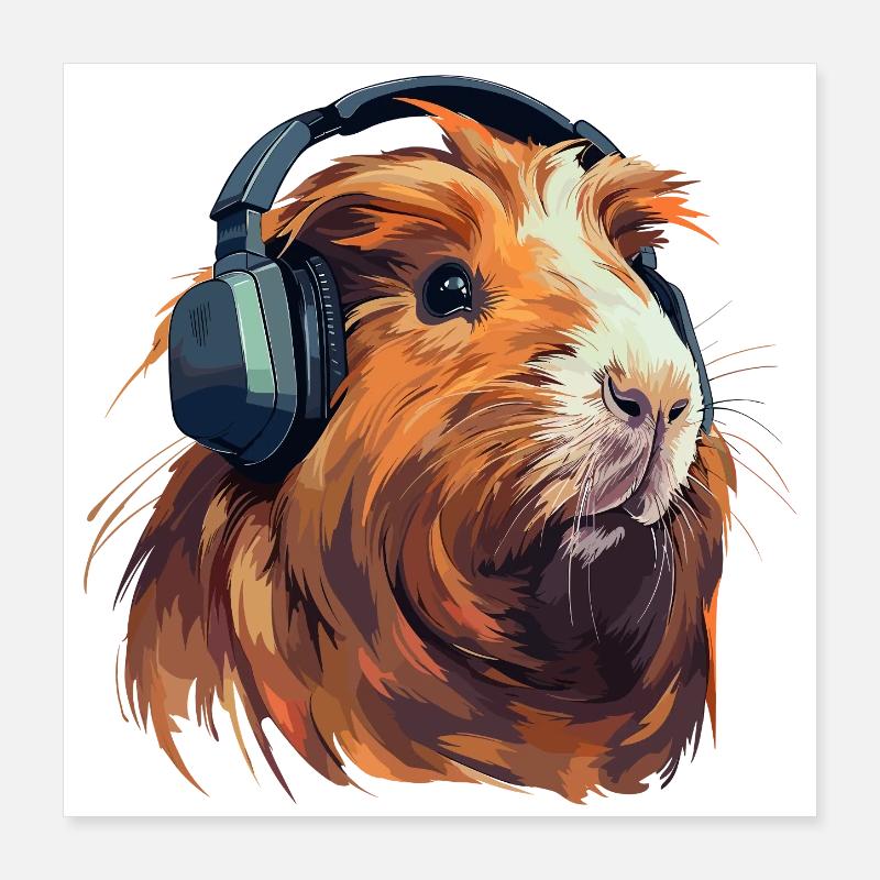 Cochon d’Inde avec des écouteurs Poster 40 x 40 cm