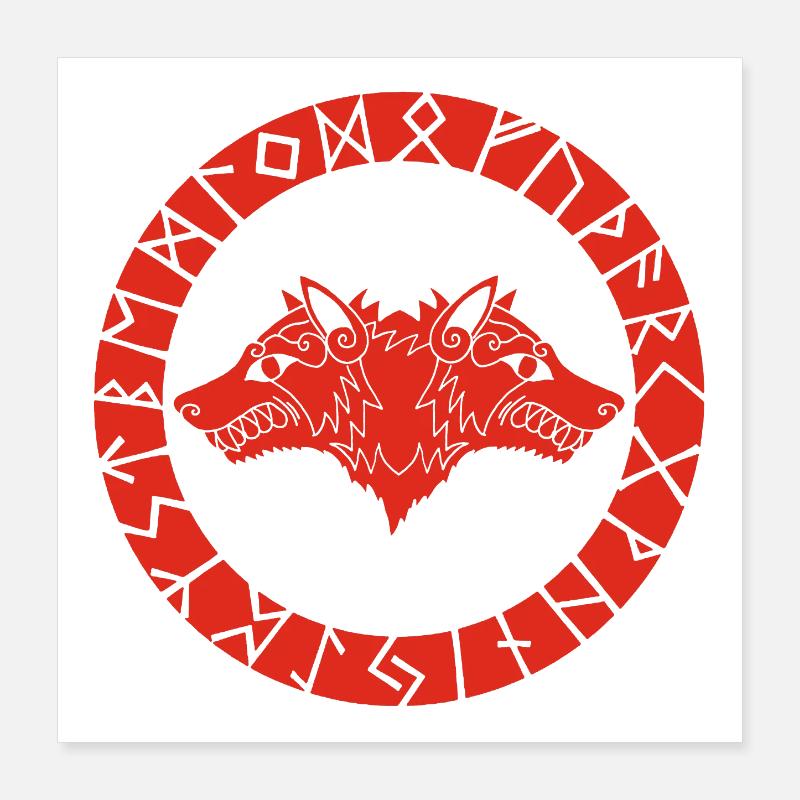 Red Viking Wolf with Two Heads Poster 16" x 16" (40x40 cm)