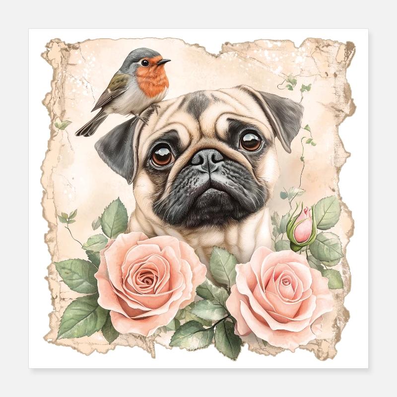 Pug and robin Poster 16" x 16" (40x40 cm)