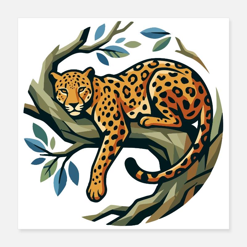 Léopard dans une couronne d’arbres posée sur une branche à motif léopard Poster 40 x 40 cm