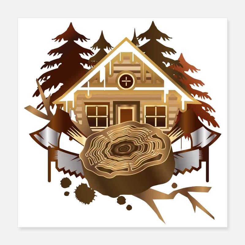 Cabane confortable de bûcherons dans la forêt avec hache et scie Poster 40 x 40 cm