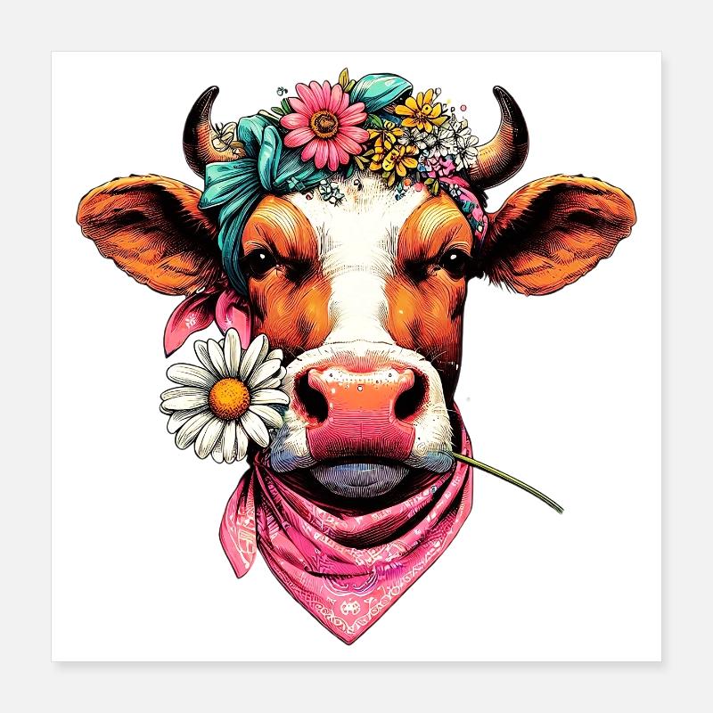 Kuh mit Blumen Poster 40x40 cm
