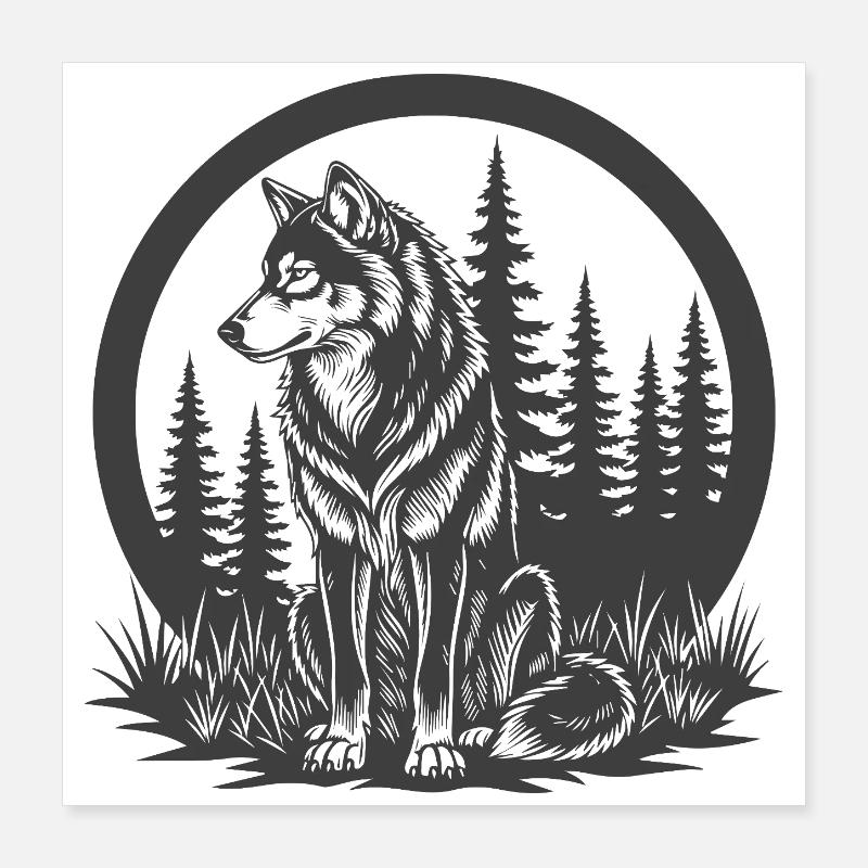 Wolf in the woods in a circular frame Poster 16" x 16" (40x40 cm)