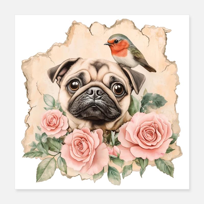 Pug and robin Poster 16" x 16" (40x40 cm)