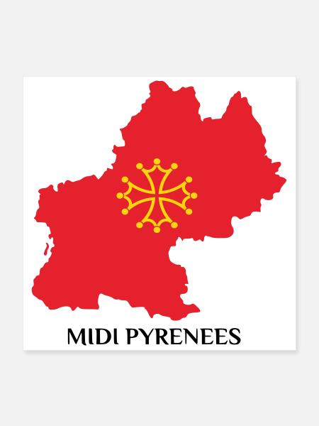 Karte der Midi-Pyrénées - Poster 40x40 cm - Weiß - Vorne
