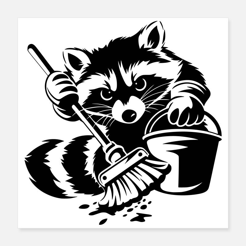 Waschbär mit Eimer & Mopp Poster 40x40 cm