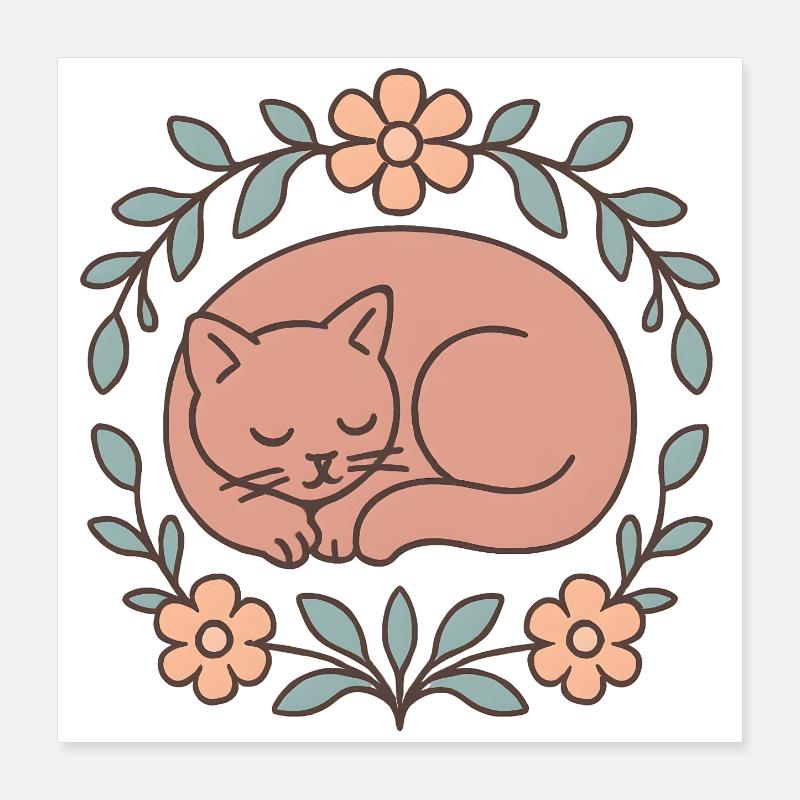 Chat endormi dans un cercle de fleurs Poster 40 x 40 cm