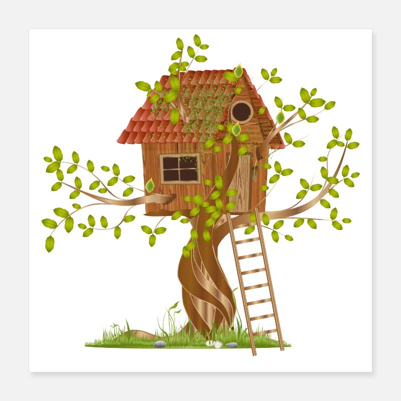 Une cabane en arbre de travers dans la canopée avec échelle Poster 40 x 40 cm