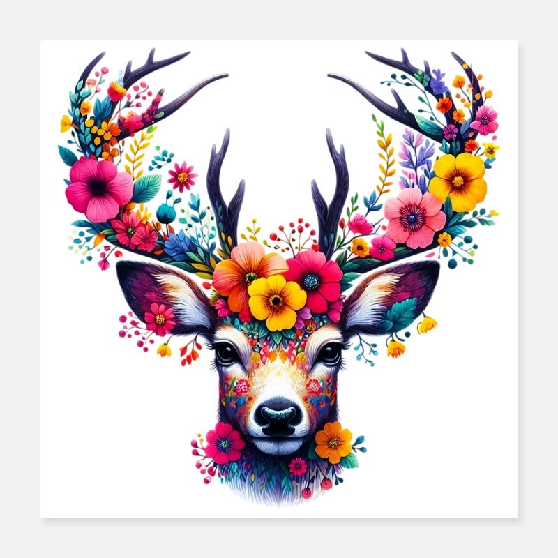 Cerf décoré de fleurs Poster 40 x 40 cm