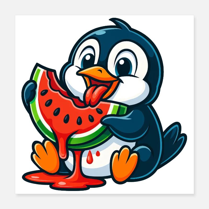 Cute Penguin Melon Fruit Cartoon Arctic Fruit Poster 16" x 16" (40x40 cm)