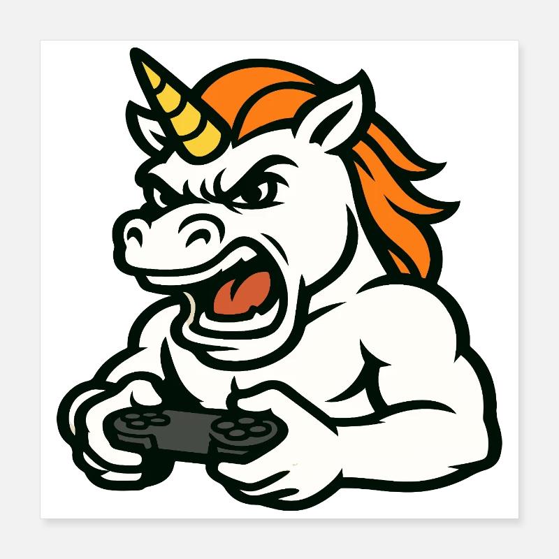 Raging Unicorn Gamer Maskottchen mit Controller Poster 40x40 cm