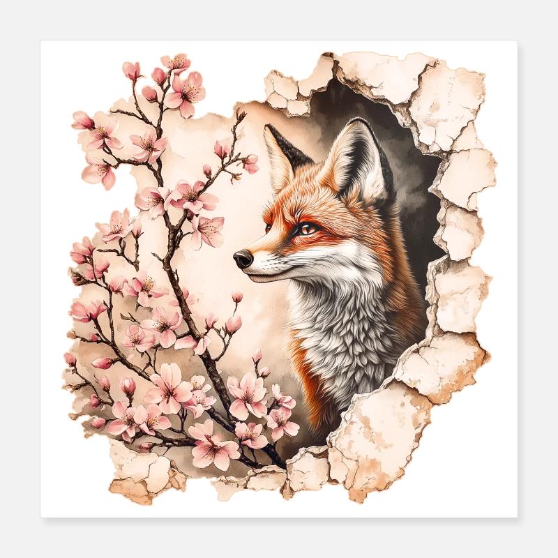 Fuchs mit Kirschblüten Poster 40x40 cm