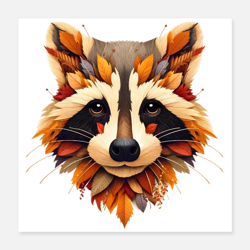 Raccoon, designed from different leaves Poster 16" x 16" (40x40 cm)