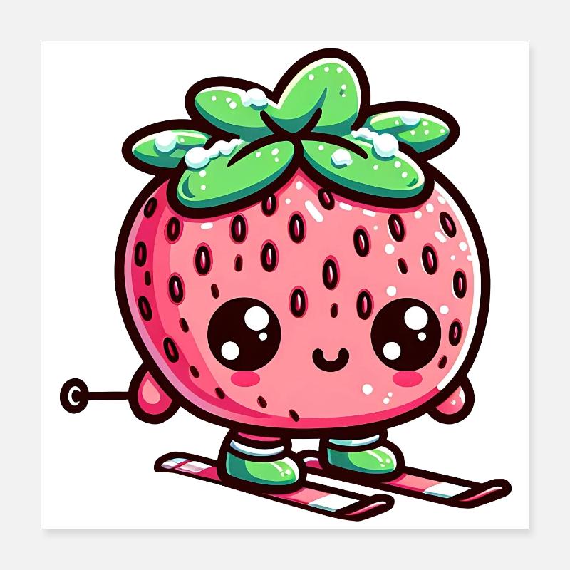 Kawaii strawberry while skiing winter fun Poster 16" x 16" (40x40 cm)