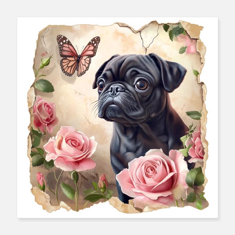 Schwarzer Mops mit Schmetterling Poster 40x40 cm
