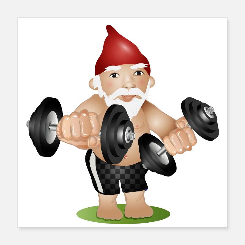Bodybuilder garden gnome with dumbbells while exercising Poster 16" x 16" (40x40 cm)