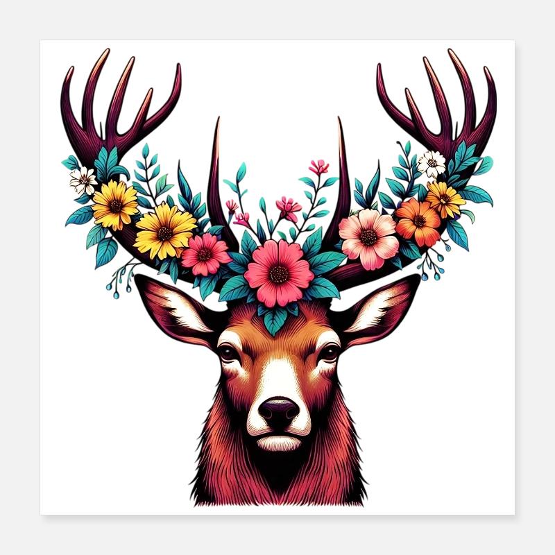 Cerf avec des fleurs Poster 40 x 40 cm