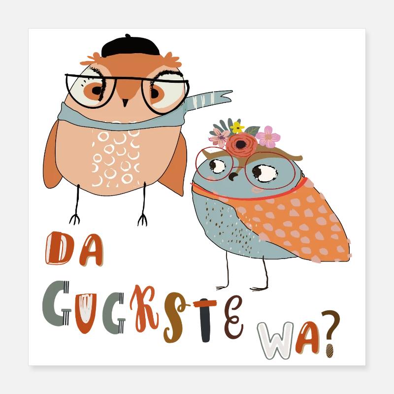 Verspielte Eulen mit Brille und Blumenkranz Poster 40x40 cm