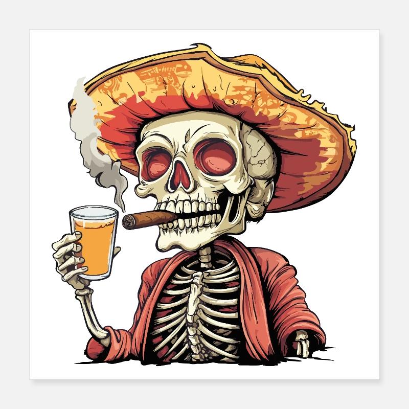 Skeleton Skull Skull Cigar Liquor Poster 16" x 16" (40x40 cm)