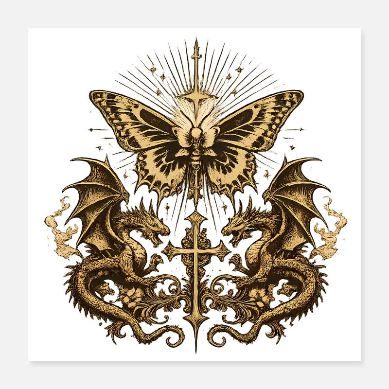 Papillon occulte avec dragon – Gothic Dark Poster 40 x 40 cm