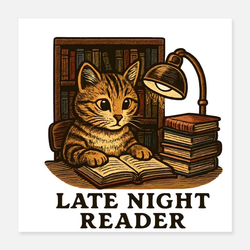 Lecture nocturne : Le chat à la table de lecture Poster 40 x 40 cm