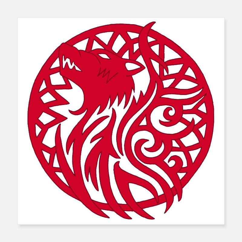Roter Wolf und Glücksbringer Poster 40x40 cm