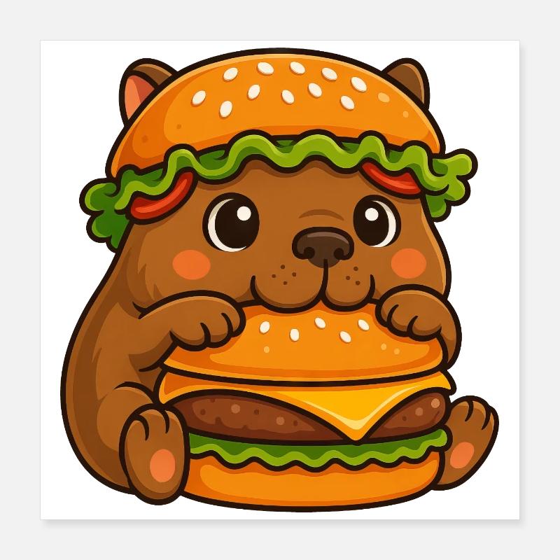 Süßes Capybara Wasserschwein mit Cheeseburger Fast Poster 40x40 cm