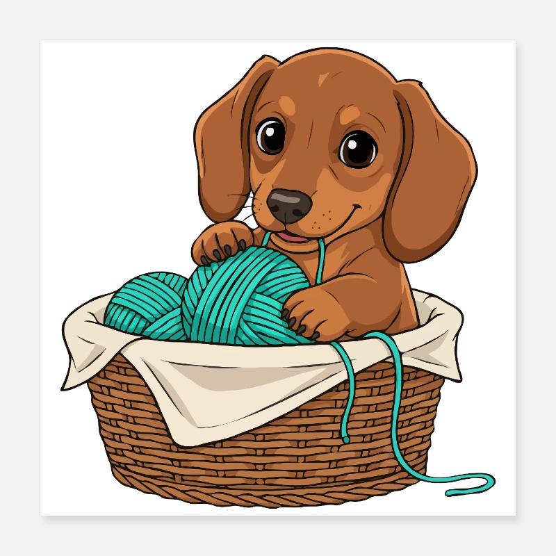Chiot teckel dans un panier Poster 40 x 40 cm