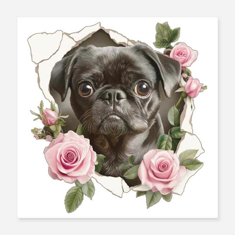 Mops Blumen Vintage Poster 40x40 cm