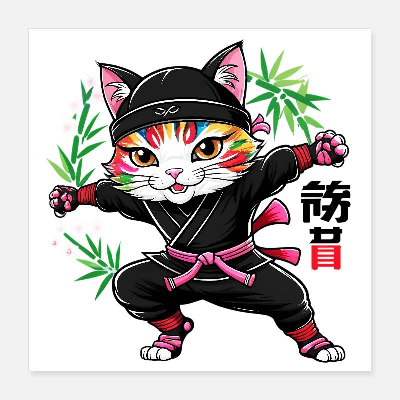 Chat Ninja Kawaii japonais Poster 40 x 40 cm
