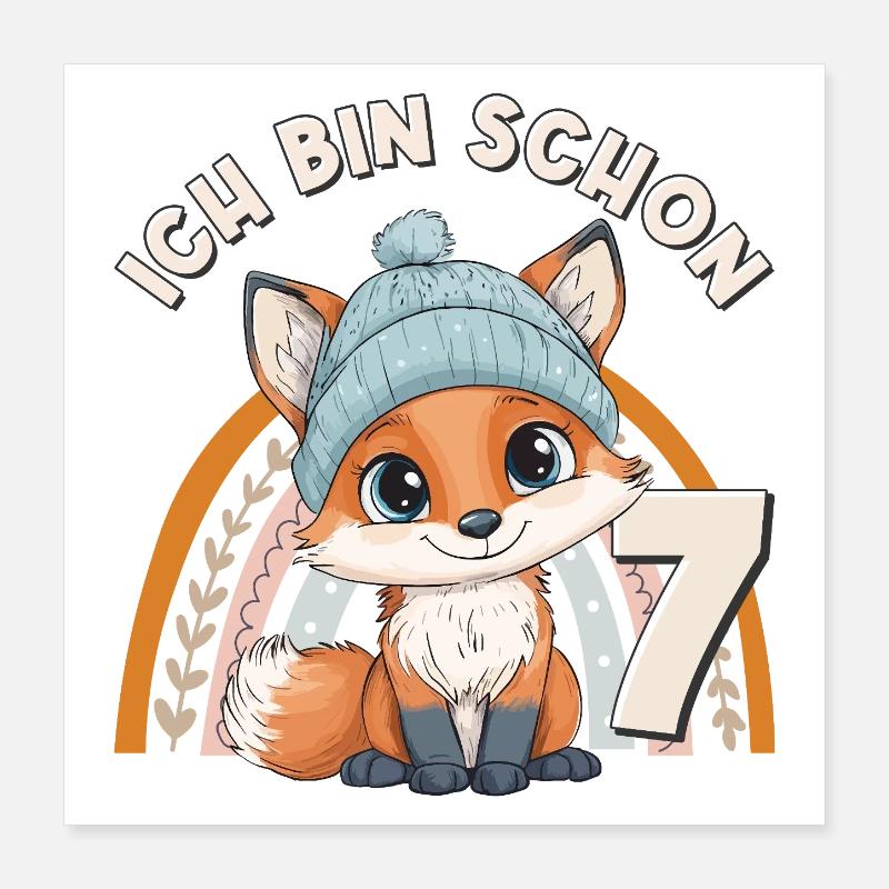 7e anniversaire Renard arc-en-ciel mignon mignon Poster 40 x 40 cm
