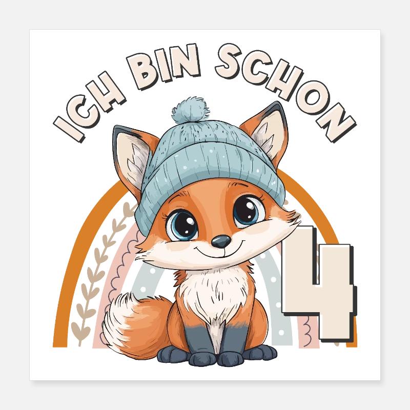 4. Geburtstag Fuchs Regenbogen Süß Niedlich Poster 40x40 cm