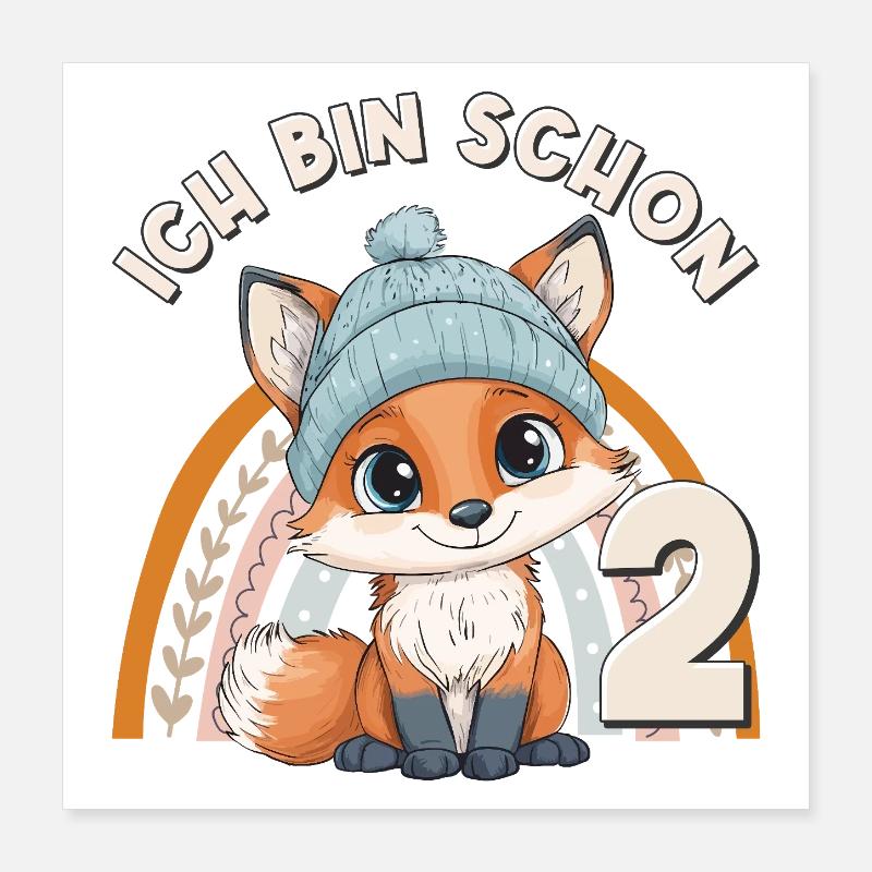 2. Geburtstag Fuchs Regenbogen Süß Niedlich Poster 40x40 cm