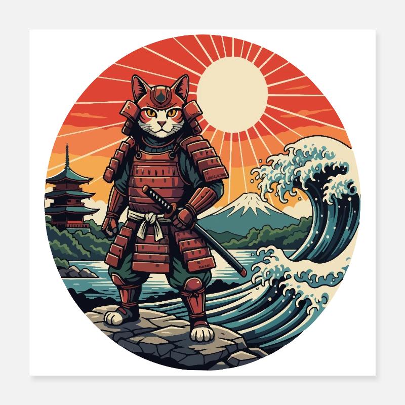 Katzen-Samurai bei Sunset Waves Poster 40x40 cm
