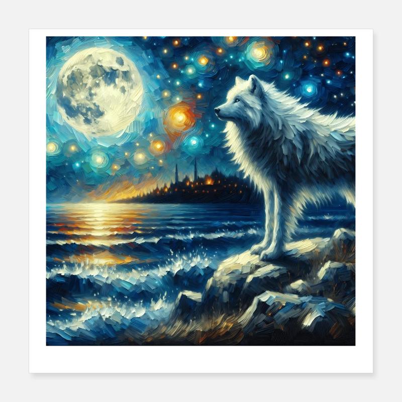 Nuit étoilée du Loup Arctique Poster 40 x 40 cm