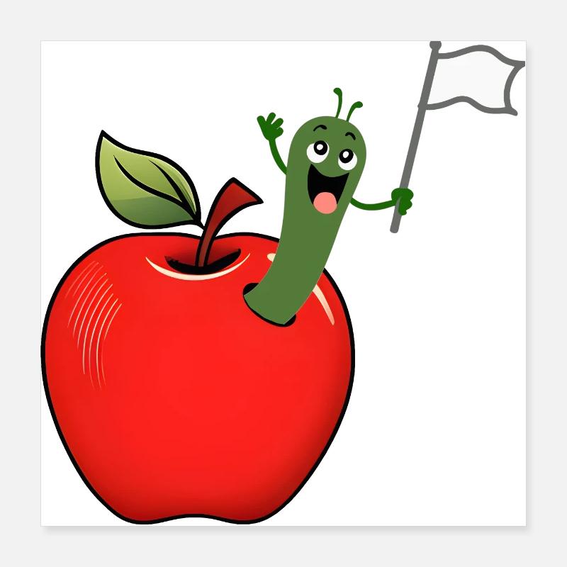Apple with worm and white banner Poster 16" x 16" (40x40 cm)
