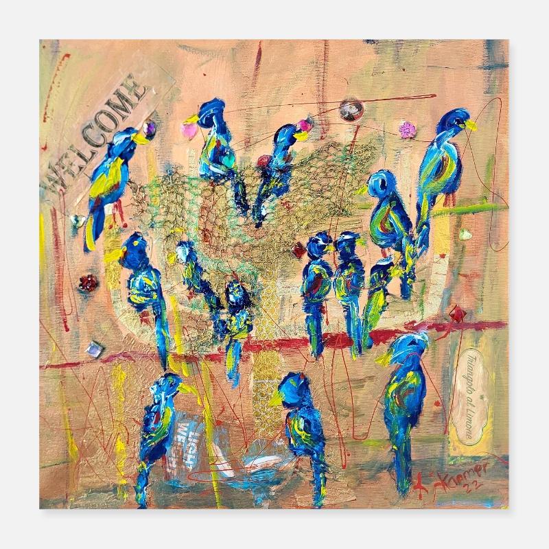 Lebendige Vogelparade im Expressionismus Poster 40x40 cm