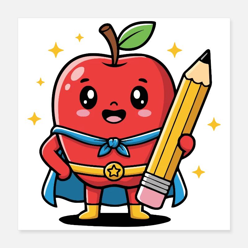 Teacher Cartoon Fruit with Pencil Poster 16" x 16" (40x40 cm)