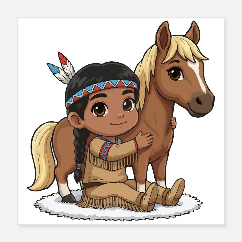 Indianerkind mit Pferd Poster 40x40 cm